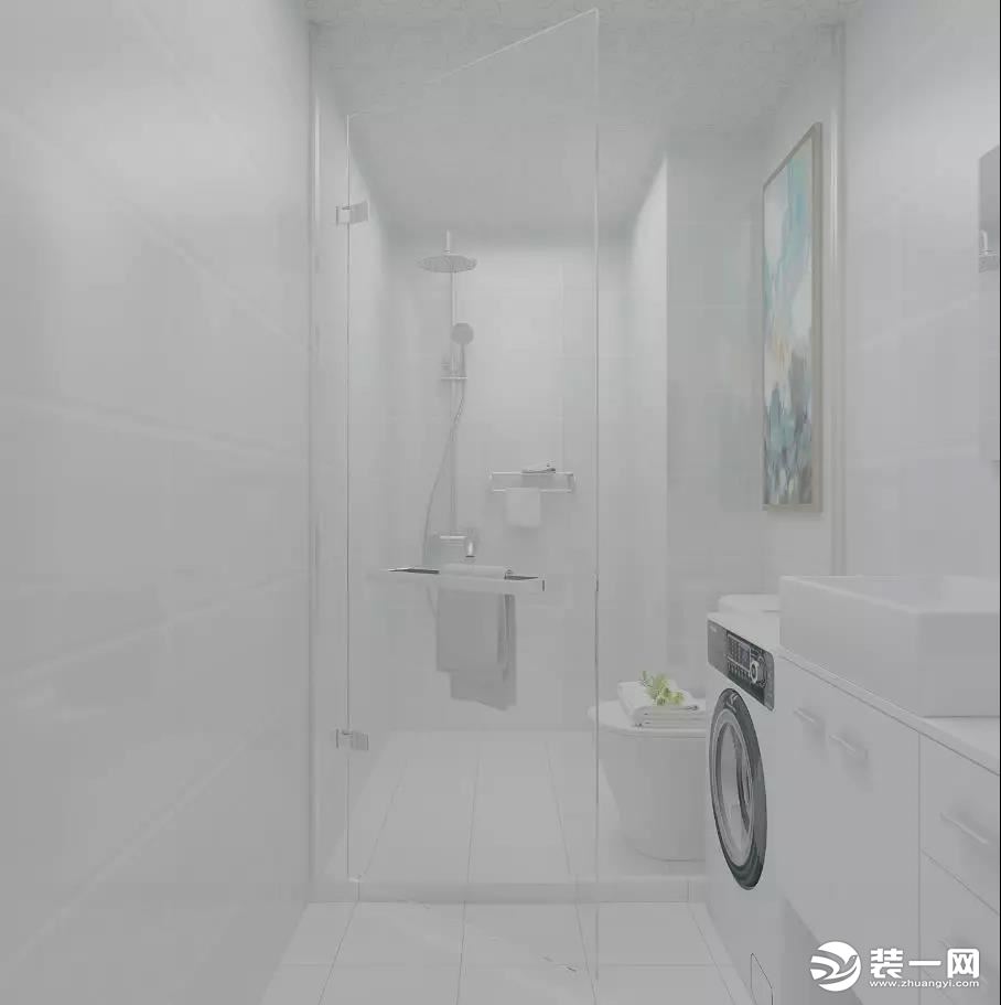 卫生间是干湿分离的方式，便于日常使用和清洁，纯白的墙地面和浴室柜让卫生间看起来简单大方。