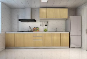 厨房采用简单的一字型，节省空间又不拥挤，带有简单花纹的瓷砖使得厨房不会过于单调。