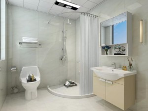 卫生间整体通铺方格砖，方格砖以整齐、细致的铺贴，演绎出极具空间感的线条走向，搭配白色的洁具，更显干净