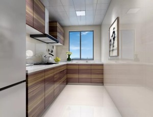 L型整體櫥柜與轉角空間完美貼合，這樣的設計可以留出更多的活動空間，便于廚房的操作。木紋色櫥柜門板清新