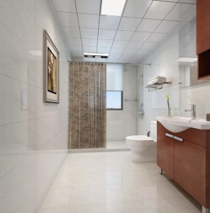 整个卫浴空间摒弃了繁琐的装饰风格，纯白色瓷砖与洁具打造出简洁明亮的空间，干湿分离，给你轻松的沐浴享受