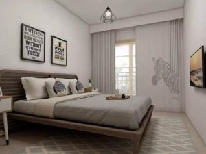 另一间卧室也是简约质朴风格，大大的落地窗，赋予房间良好的采光，纯色窗帘上印有斑马印花，避免单调。在简