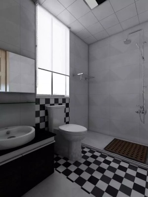 黑白相间的马赛克砖与白色瓷砖的拼贴，强烈的颜色对比丰富了空间的层次与质感。