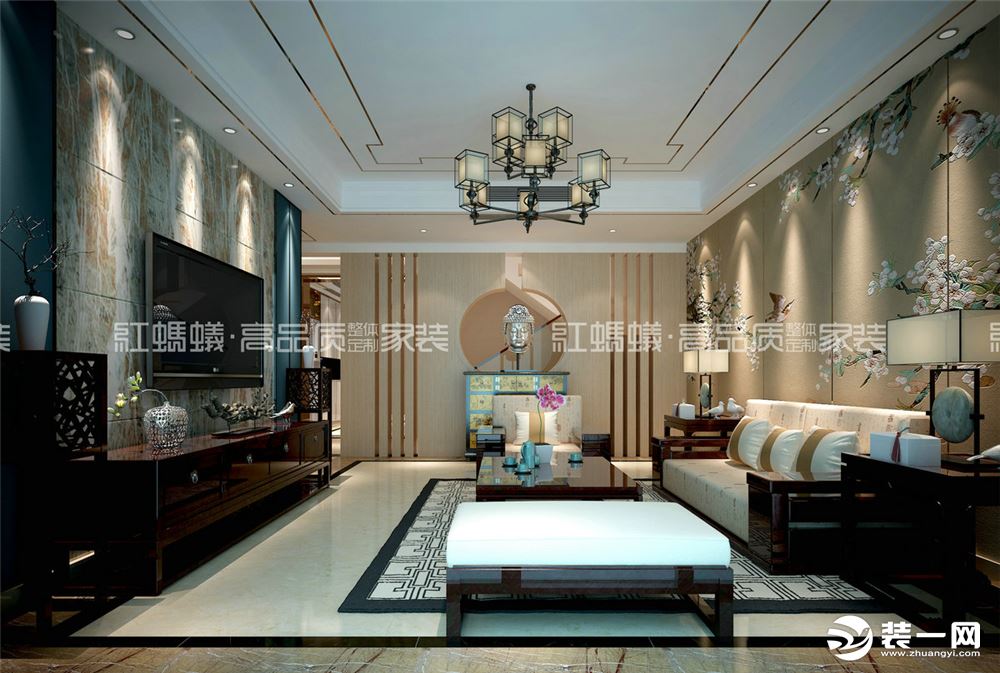中式新古典。空间以线条勾绘出轮廓，层次分明。背景的冷色调和玫瑰金不锈钢搭配更显客厅奢华。