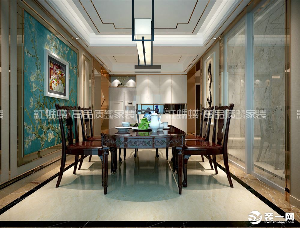 中式新古典。空间以线条勾绘出轮廓，层次分明。背景的冷色调和玫瑰金不锈钢搭配更显客厅奢华。