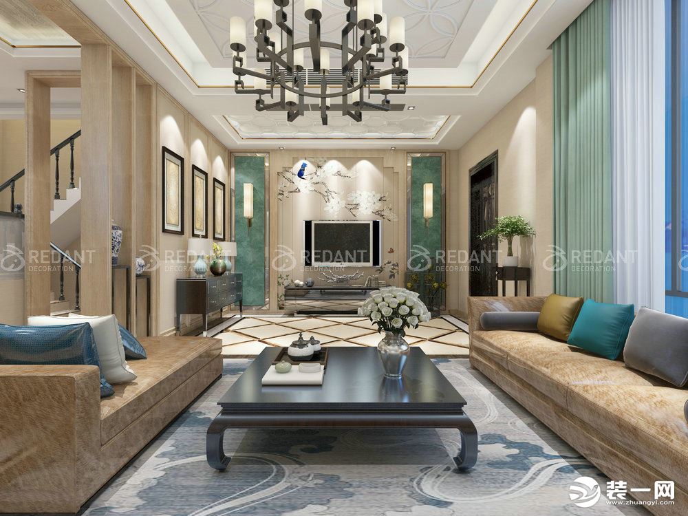 中式家具优雅与简约兼具，  清简的线条与背景墙浑然一体，  营造出古典恬静的空间气韵，  整体空间规