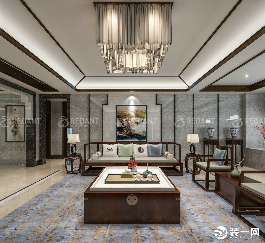 中海独墅岛独栋别墅1000平现代中式风格客厅效果图