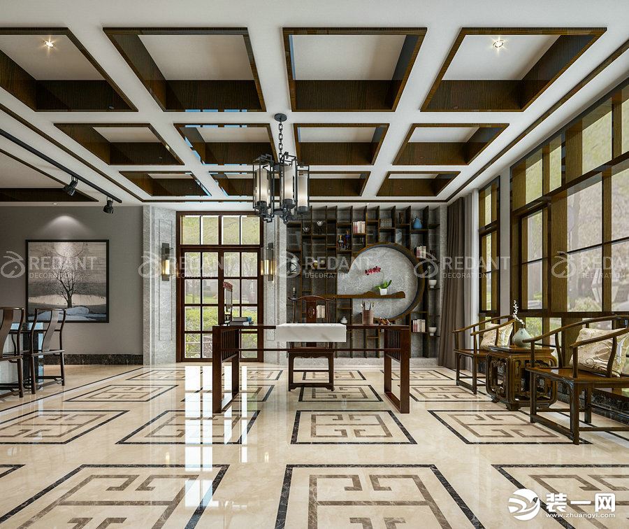 中海独墅岛独栋别墅1000平现代中式风格客厅效果图