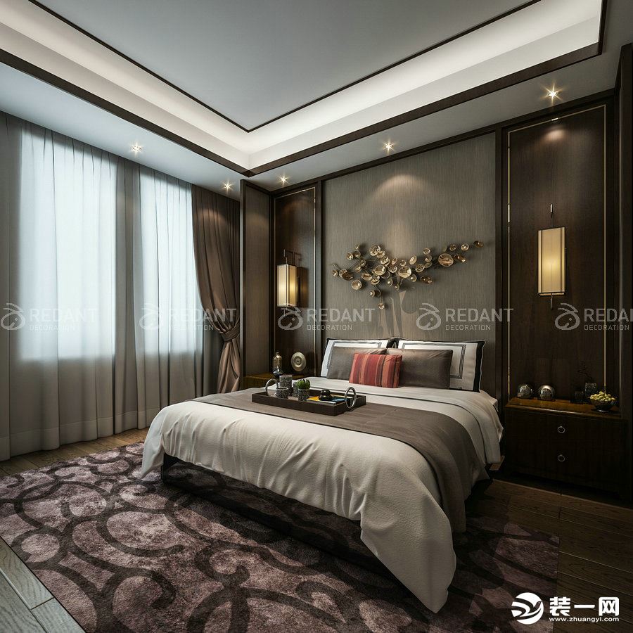 中海独墅岛独栋别墅1000平现代中式风格卧室效果图