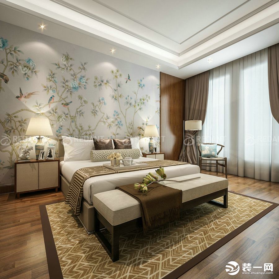 中海独墅岛独栋别墅1000平现代中式风格卧室效果图
