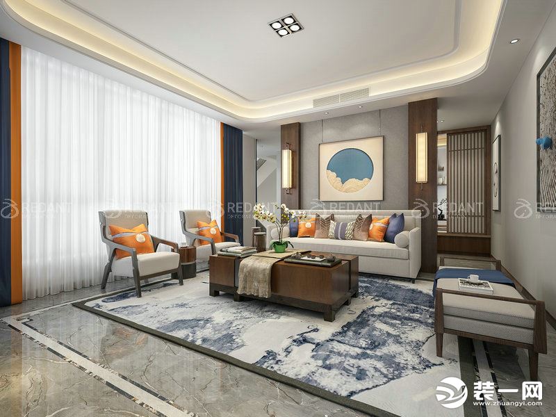 【红蚂蚁装饰】中海独墅湾500平现代中式风格客厅效果图