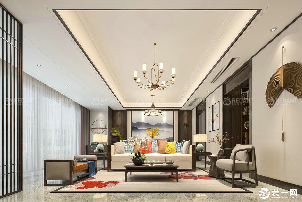 湖西玲珑别墅3000平新中式风格客厅效果图，预约专线：15062403365