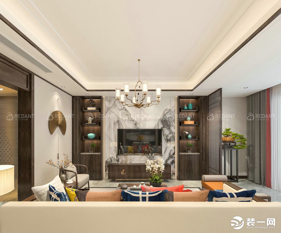 湖西玲珑别墅3000平新中式风格客厅效果图，预约专线：15062403365
