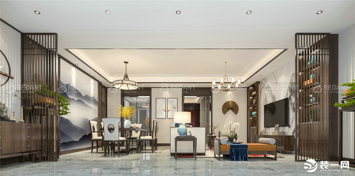 湖西玲珑别墅3000平新中式风格餐厅效果图，预约专线：15062403365