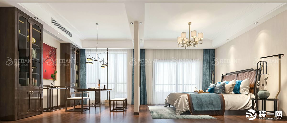 湖西玲珑别墅3000平新中式风格卧室效果图，预约专线：15062403365