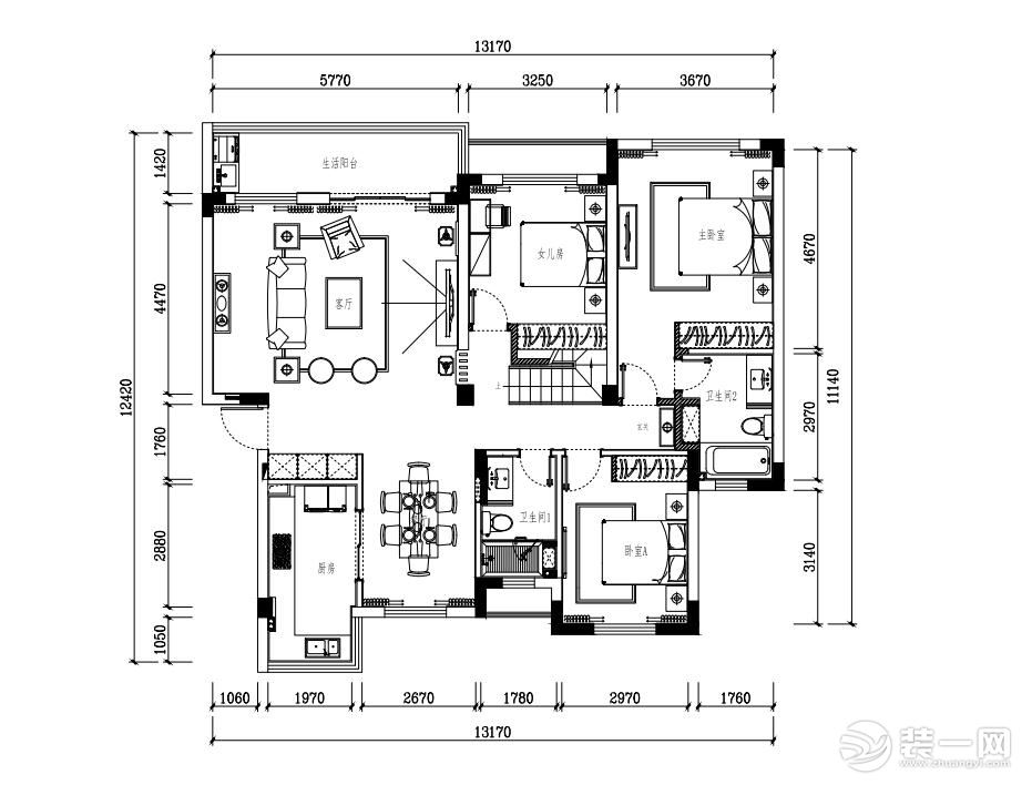 【红蚂蚁装饰】荷美名邸+新中式+户型图  三室两厅全包45万