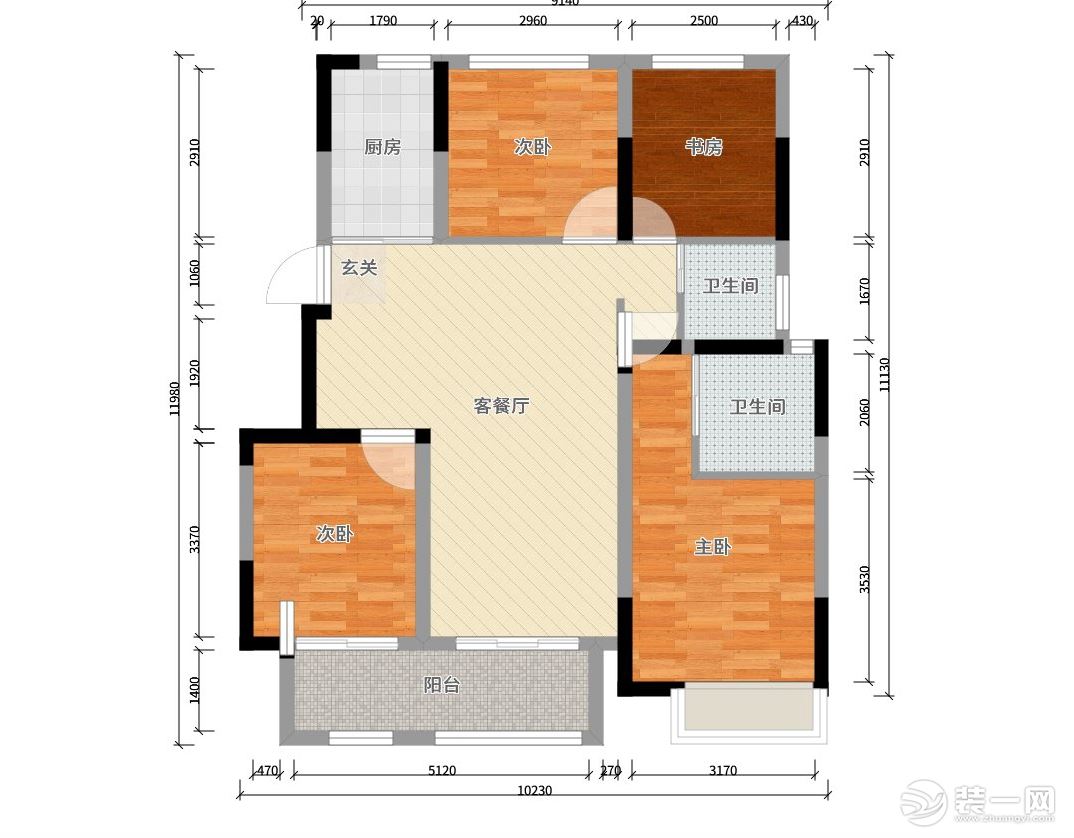 【红蚂蚁装饰】金辉悠步临湖+现代+户型图  三室两厅全包24万