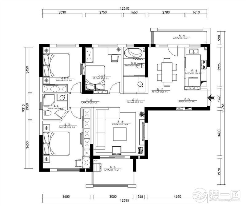 【红蚂蚁装饰】狮山名门126㎡+美式+户型图  三室两厅全包28万