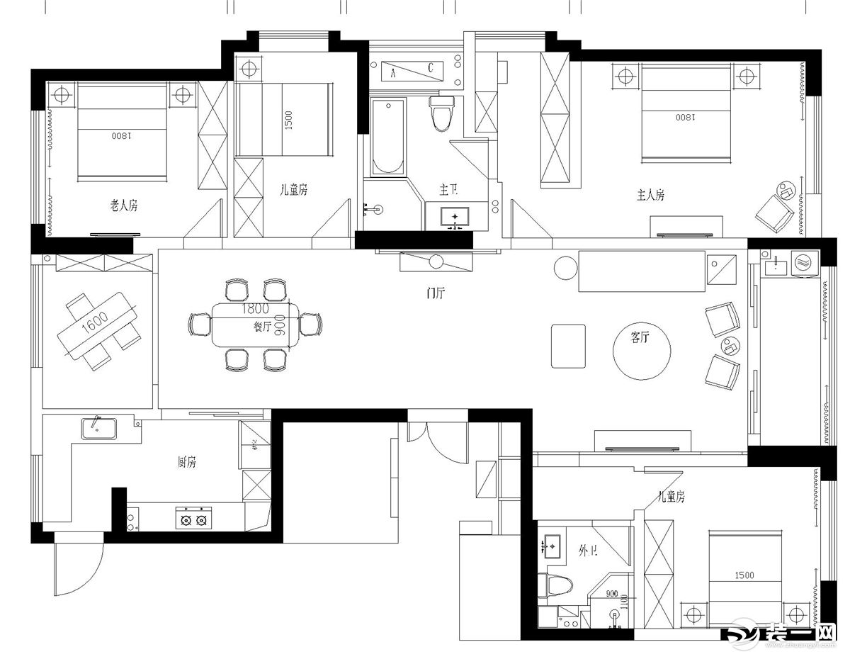 【红蚂蚁装饰】湖悦天境150㎡+现代简约+户型图  四室两厅全包20万