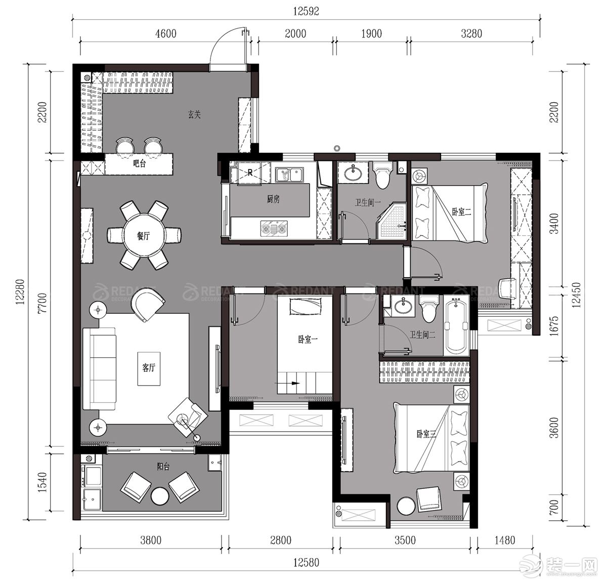 【红蚂蚁装饰】翰林缘花园130㎡+北欧+户型图  三室两厅全包26万