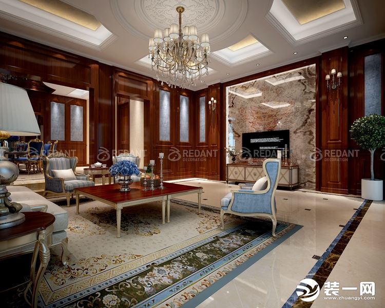 【红蚂蚁装饰】金水湾+欧式风格+客厅 别墅 450平150万全包