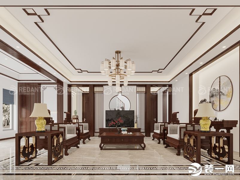 【红蚂蚁装饰】太湖城+新中式风格+客厅 别墅 350平110万全包
