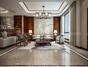 新中式风格的装饰主要体现在传统的家具，再辅以字画、盆景，陶瓷、古玩、屏风等装饰品，最求的是一种修身、