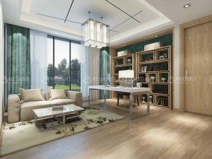 中式家具优雅与简约兼具，  清简的线条与背景墙浑然一体，  营造出古典恬静的空间气韵，  整体空间规