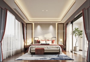 【红蚂蚁装饰】和沁园+新中式风格+卧室 别墅 300平150万全包