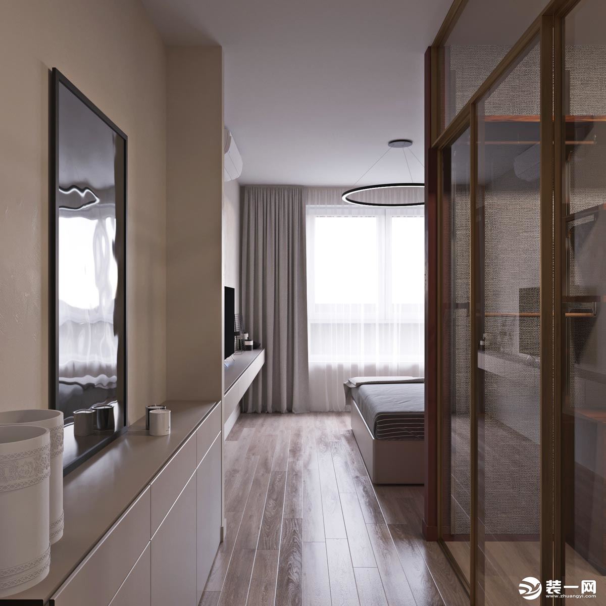 卧室采用暖灰色系，一如既往采用了简约北欧风，美观的同时兼顾功能性，简约而不间断。