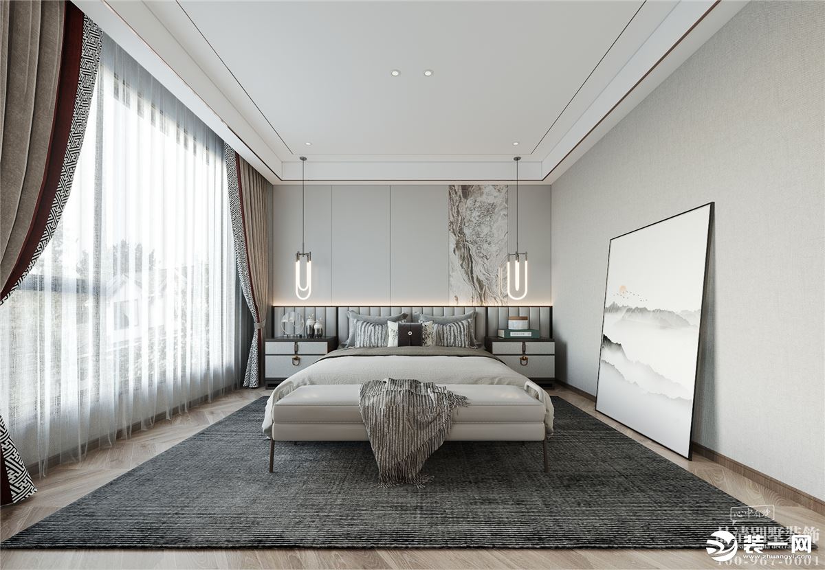 新中式卧室的设计主张清幽淡雅，浅灰色的床铺搭配木色地板，构建出一个清新雅致的睡眠空间。