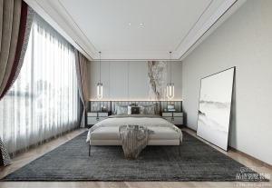 新中式卧室的设计主张清幽淡雅，浅灰色的床铺搭配木色地板，构建出一个清新雅致的睡眠空间。