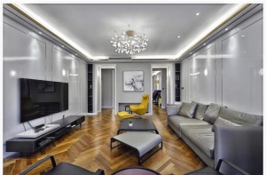 客厅 现代感的客厅里，黑、白、灰的色彩与大理石、金属、皮质等不同材质的组合，让空间呈现出一种高级的品