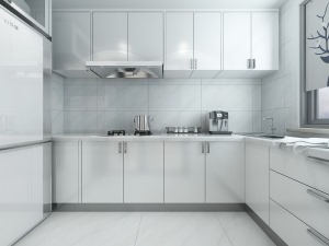  厨房采光面较小，因此整体采用亮色调，橱柜采用亚克力材质，增加了空间的反光感，使空间更明亮。