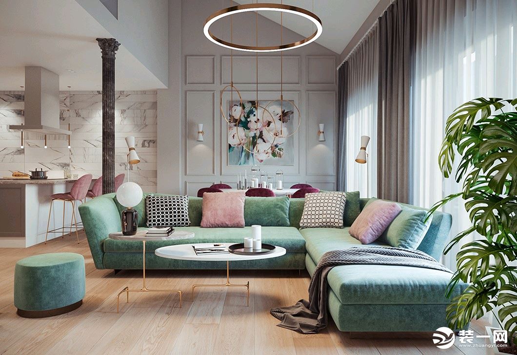 清新的薄荷绿沙发，满屋子的清新感。