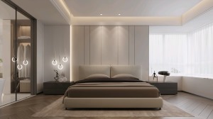 整体素色卧室，简单而具有设计感的灯具配饰，简单大气而不失设计感。
