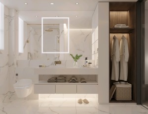 整體白色的臥室，深色木的儲物柜，盡顯現代高級質感。