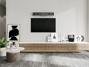 簡單電視墻，白色柜面原木柜體的電視柜。