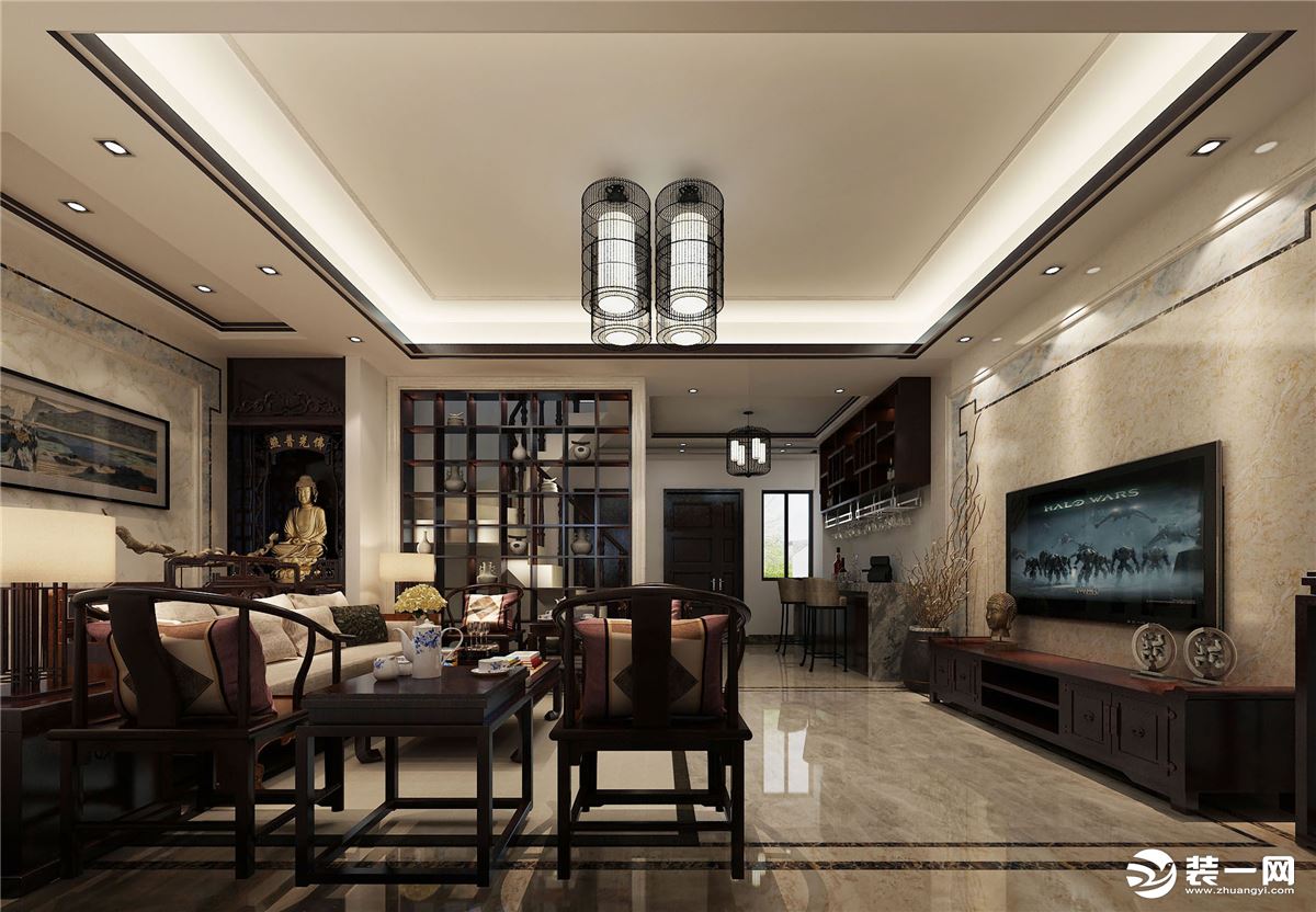 惠州华浔品味装饰双壁湾别墅250平新中式风格客厅效果图