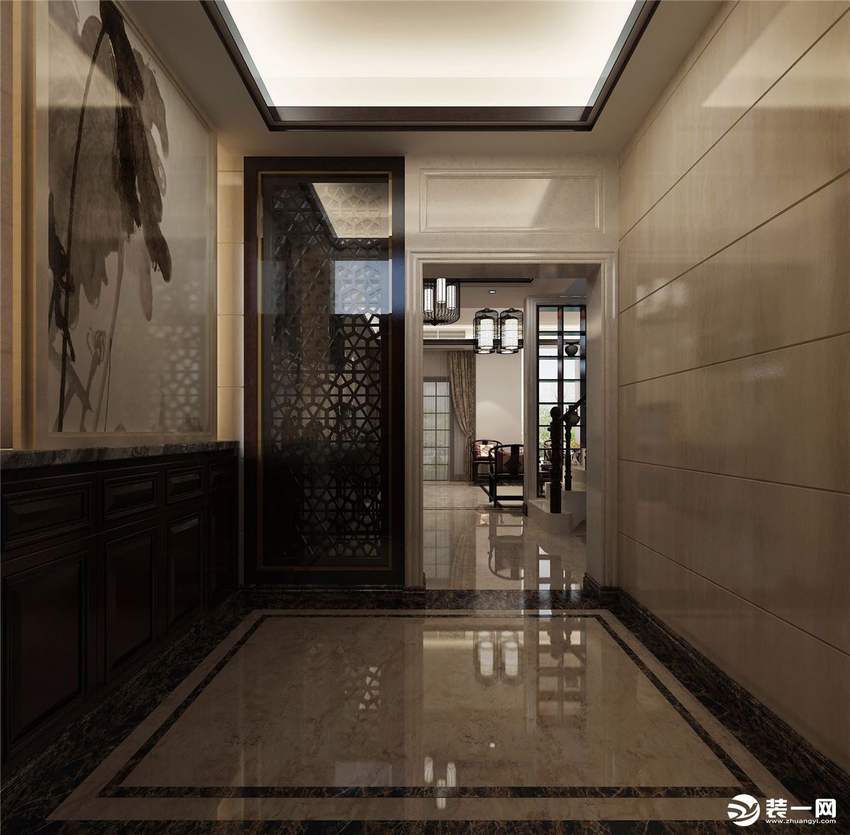 惠州华浔品味装饰双壁湾别墅250平新中式风格过道效果图