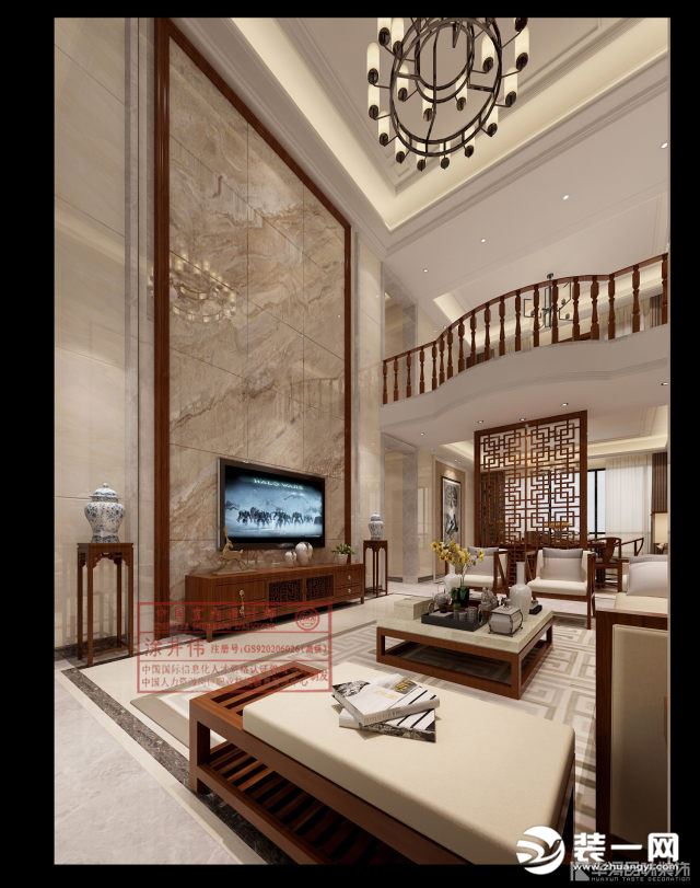 惠州华浔品味装饰中信水岸城复式240平新中式风格客厅效果图
