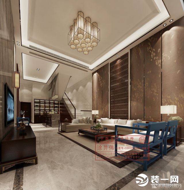 惠州华浔品味装饰中州中央平墅别墅320平新中式风格客厅效果图