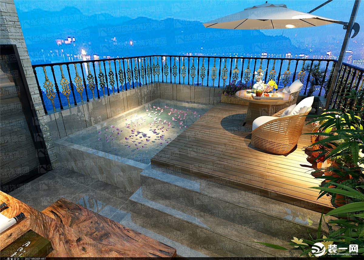 惠州华浔品味装饰龙门富力养生谷别墅360平米中式风格天台泳池养生效果图