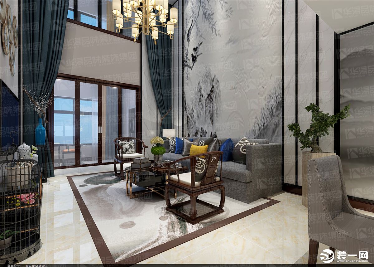 惠州华浔品味装饰龙门富力养生谷别墅360平米中式风格客厅沙发背景效果图