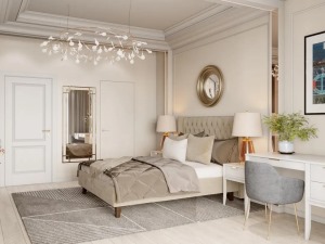 卧室杏色+灰色调，纯纯柔和感。灯具的选择又增加了梦幻感。
