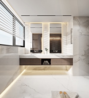 仿大理石瓷砖为浴室整面，洁净而又不冰冷。洗手台位于角落处，不占用空间，同时又与淋浴区视觉对称。