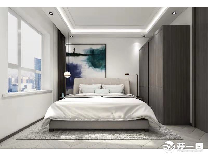 卧室的设计非常简洁，房间的主色调已经沿用了客厅空间的浅色系和墙面装饰风格，