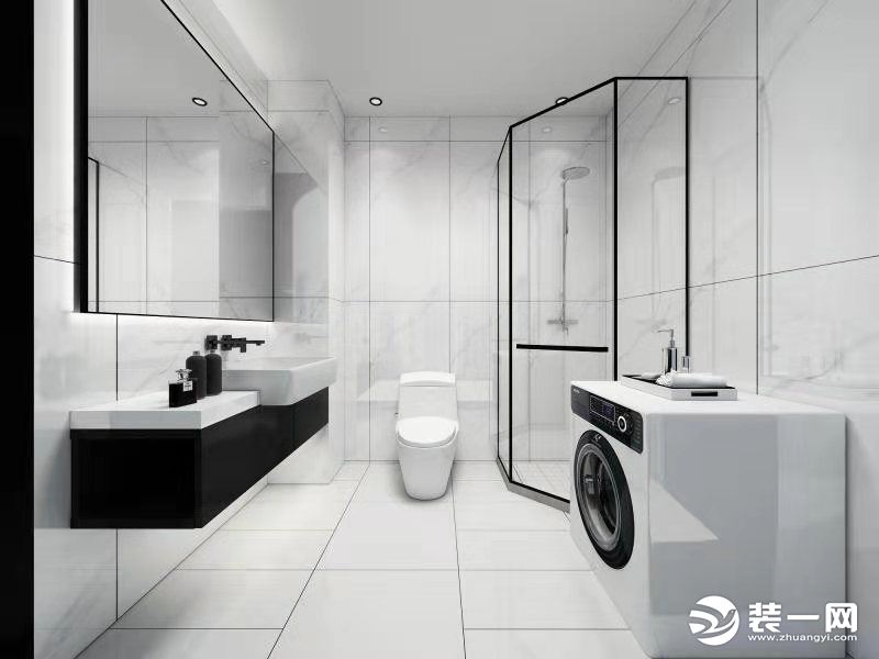 卫生间做了干湿分离，悬挂式的洗脸池搭配黑色的柜子，提升了空间感，在使用过程中也更方便打理。
