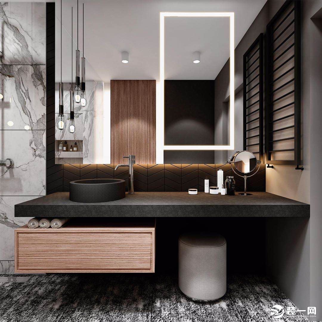 火烧板的浴室柜搭配鱼肚白的瓷砖，凸显出现代的精致感。