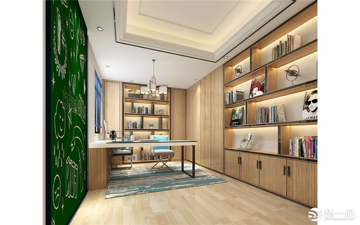 书房绿色的墙面设计视觉感更好。